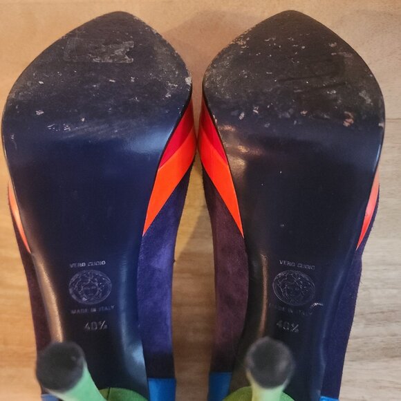 Versace Shoes Womens Size 40.5 Multicolor Suede Leather Platform High Heel Italy - Picture 13 of 14